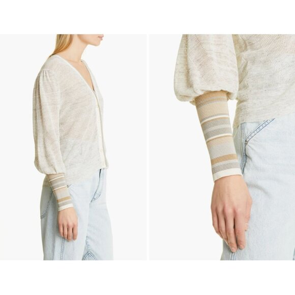 Veronica Beard Mott Linen Cardigan Beige Gray XS Designer Contrast Trim Ribbed - Picture 6 of 16